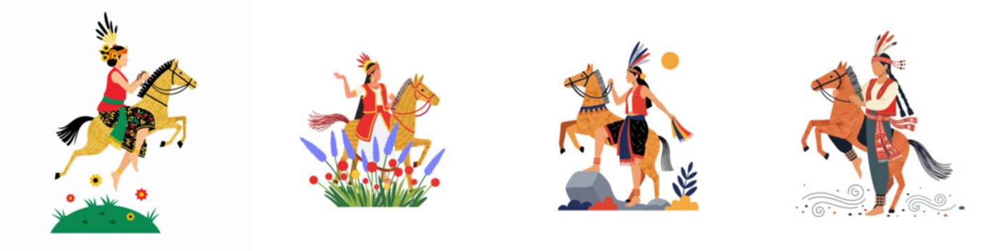 Vector illustrations set of traditional Indonesian Kuda Lumping dancers performing with woven bamboo hobby horses in colorful ethnic costumes.
