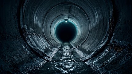 Fototapeta premium A dark underground sewer tunnel with wastewater flowing inside a round concrete pipe.