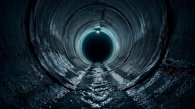 A dark underground sewer tunnel with wastewater flowing inside a round concrete pipe.