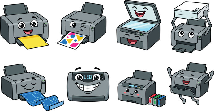 Cute Cartoon Printer Character Collection with Happy Office Printers Scanner Ink Cartridges Paper and Funny Expressions Vector Illustration