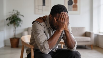 Stressed Black man sitting on an armchair holding his head with hands suffering from headache or mental burnout at home. © Curioso.Photography