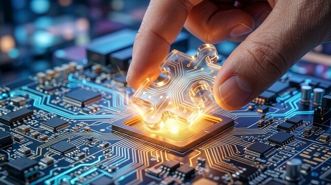 Innovation and hardware engineering concept showing a hand fitting a clear puzzle piece into a glowing circuit board.