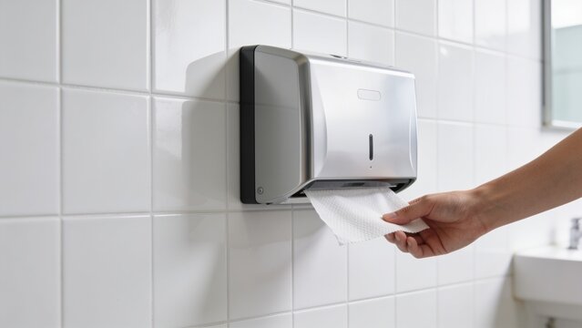 Person pulling a paper towel from a stainless steel wall dispenser in a public bathroom.