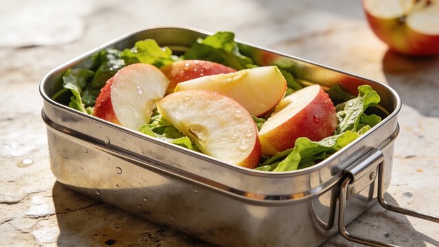 Stainless steel lunch box filled with sliced apples and fresh green salad on a linen tablecloth.