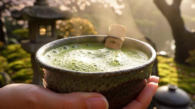 Hand holds matcha tea bowl in serene Japanese garden with sunlight