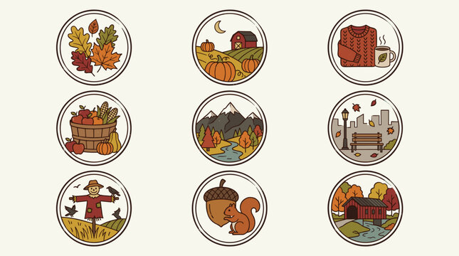 Set of 9 Autumn Themed Flat Vector Icons: Leaves, Farm, Sweater, Harvest, Mountains, City Park, Scarecrow, Squirrel, Covered Bridge