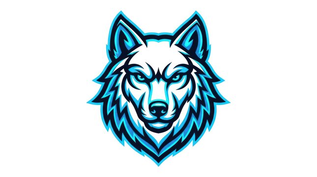 Wolf head mascot logo design. Aggressive blue wolf emblem for sports team or gaming brand.