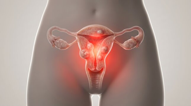 Uterine fibroid and pelvic pain concept featuring female anatomy and gynecological health.