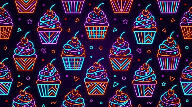 Cupcakes Neon Pattern Glowing Dessert Background for Parties