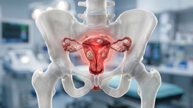 Uterine fibroids and pelvic pain concept showing female anatomy within a pelvic model.