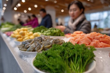 Obraz premium Fresh vegetables and seafood are displayed at a busy food market with a woman shopping, healthy eating, local produce, culinary lifestyle, fresh ingredients.