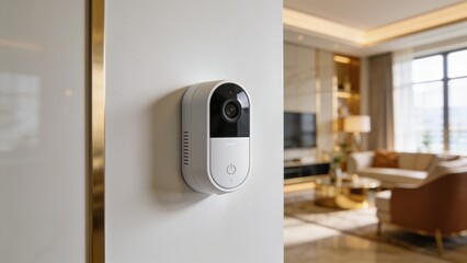 Naklejka na ściany i meble Modern smart home access control device mounted on a wall inside a contemporary luxury apartment, representing security technology, keyless entry and home automation.