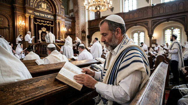 Middle-aged Jewish man reading Torah during prayer service. Devout religious scholar studying sacred scripture in synagogue.
