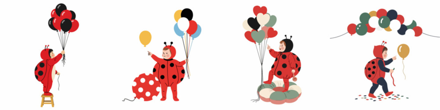 Set of adorable flat vector illustrations featuring a baby in a ladybug costume celebrating with colorful balloons and festive party elements.