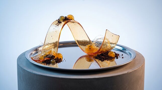 Molecular Gastronomy Dessert with Caramel Ribbon and Passion Fruit