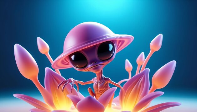 Small alien explorer among luminous flowers
