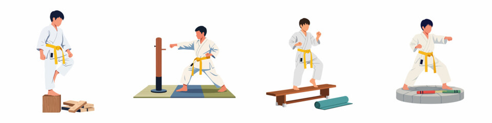 A set of flat illustrations showing a young boy in a white karate gi practicing martial arts through various training exercises and poses.