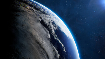Planet Earth Rotating in Dark Outer Space galaxy with Stars Background. © SohubProduction