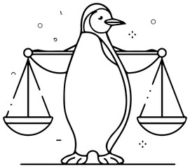 Obraz premium Penguin balancing financial scales for budget planning with holding balanced scales penguin standing line line drawing black white illustration