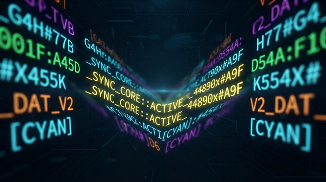 Digital tunnel perspective with floating colorful alphanumeric data codes and glowing text strings in a dark virtual reality cyberspace environment