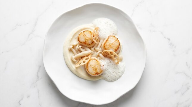 Seared Scallops with Lotus Root and Foam on White Marble