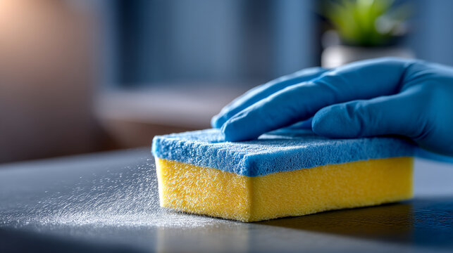 Person wearing blue rubber gloves cleaning a dark surface with a sponge cleaning sanitation