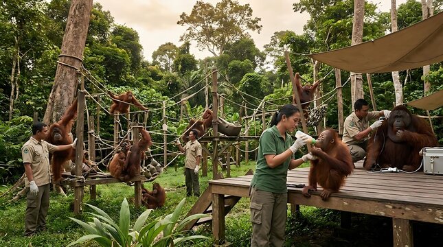 Caretakers feeding orangutans at wildlife sanctuary in rainforest.
