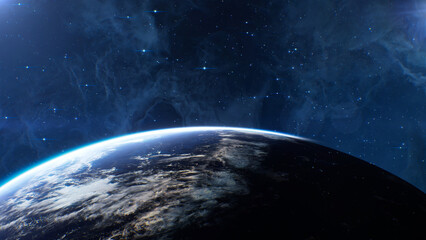 Cinematic Planet Earth Horizon in Outer Galaxy Space. © SohubProduction