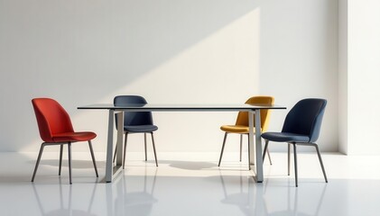 Obraz premium Modern glass table, four sleek chairs; minimalist setting , table setting, grey