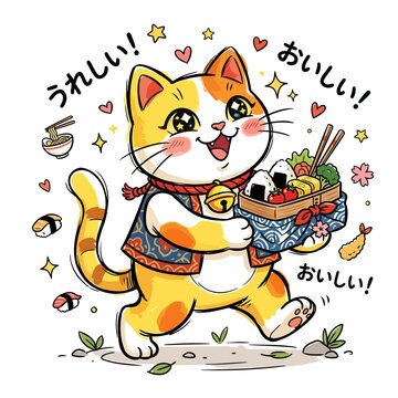 Cute Cartoon Cat Holding a Delicious Bento Box.
