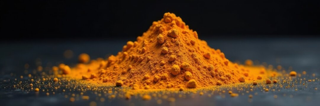 Mound of turmeric powder, vibrant orange against deep black , turmeric, bright, backdrop