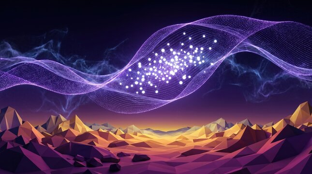 Abstract digital landscape with glowing particle wave and low poly mountains, futuristic technology background for data visualization