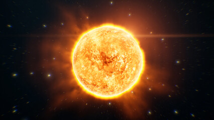 Full Shining Sun Sphere Emitting Heat and Light Energy for Renewable Solar Power Concept in Deep Space. © SohubProduction