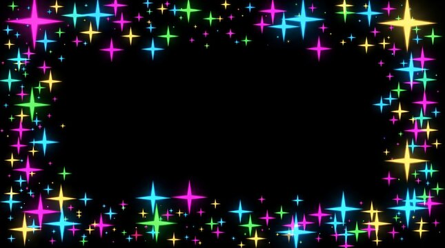 A decorative frame made of colorful, glowing four-pointed stars of various sizes, arranged around a dark, empty center on a black background