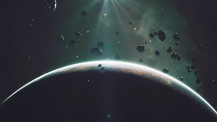 Asteroid Field Floating Over Galaxy Planet in Deep Space. © SohubProduction