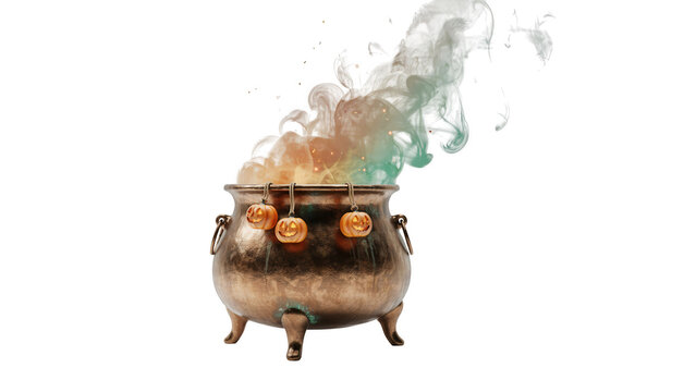 Halloween witch cauldron with magic smoke isolated on transparent background