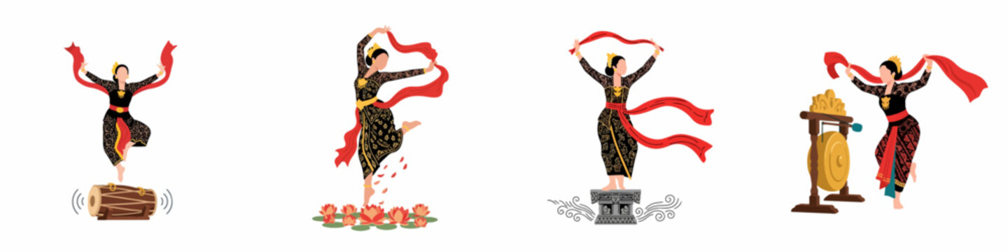Set of Indonesian Traditional Dancer Illustrations in Flat Vector Style with Gamelan Instruments and Floral Elements on a White Background