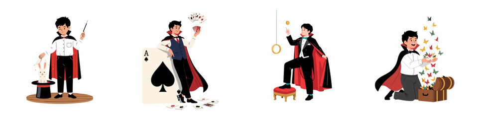 Set of Illustrations Featuring a Young Magician Performing Magic Tricks with a Rabbit, Playing Cards, Rings, and Butterflies.