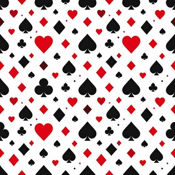 A seamless pattern of red and black playing card suits on white background