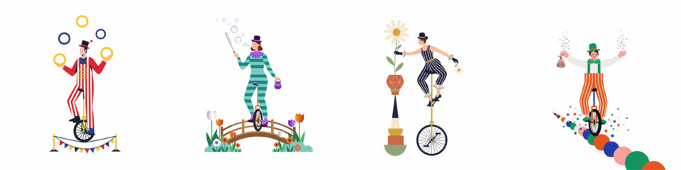 Set of flat vector illustrations of circus performers riding unicycles and performing various tricks in colorful, imaginative settings. © Muqodimatul