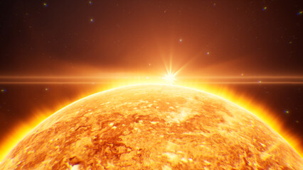 Fiery Sun Sphere Edge Emitting Powerful Heat and Solar Flare Energy in Outer Space.
