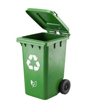 Open Green Recycling Wheelie Bin with Eco Symbols Isolated on Transparent Background