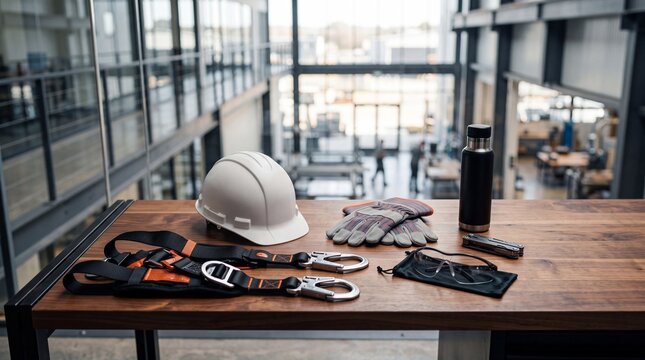White hard hat safety gear work tools on wooden table with table industrial background harness gloves glasses