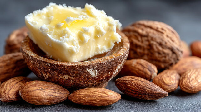 Fresh butter melting on top of a roasted almond shell surrounded by raw organic almonds with culinary