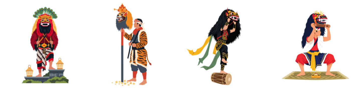 Set of traditional Indonesian Reog Ponorogo dancers and performers wearing masks and costumes, isolated on a white background.