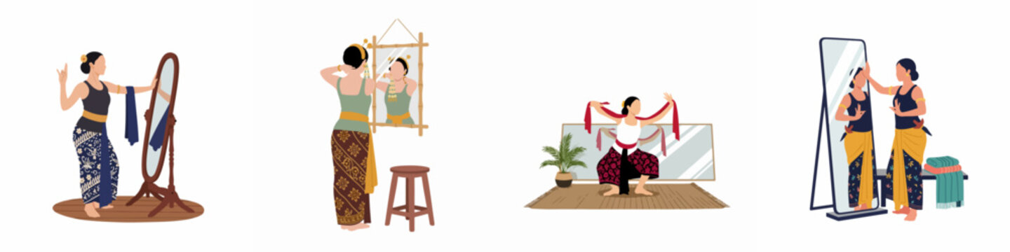 Set of Illustrations Featuring Traditional Javanese Dancers Practicing and Preparing for a Performance in Front of Mirrors