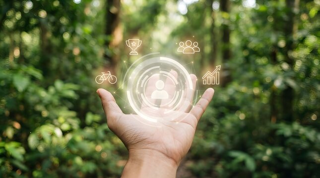 A glowing magical energy sphere floating between two human hands in a lush green forest setting