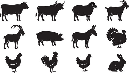 Obraz premium Set of farm animal silhouettes featuring livestock and poultry varieties for agricultural design projects with silhouettes representing common