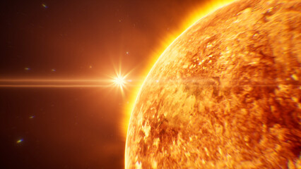 Fiery Sun Sphere Edge Emitting Powerful Heat and Solar Flare Energy in Outer Space.