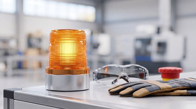 Orange industrial warning beacon light sitting next to safety glasses with light positioned beside clear safety goggles